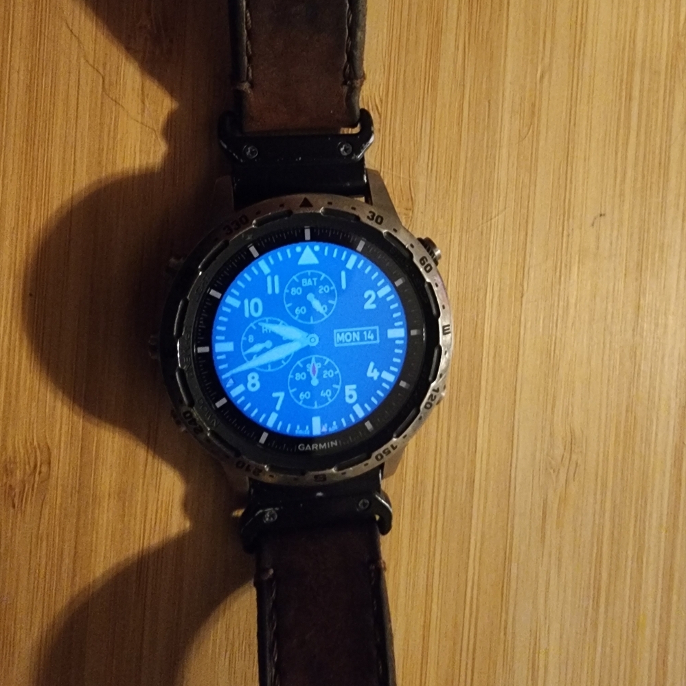 Garmin Watch with Blue Display and Brown Strap